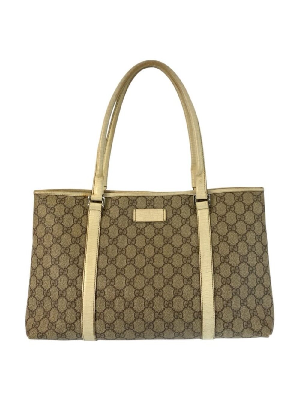 Gucci Beige Ivory Silver GG Supreme Canvas Leather Tote